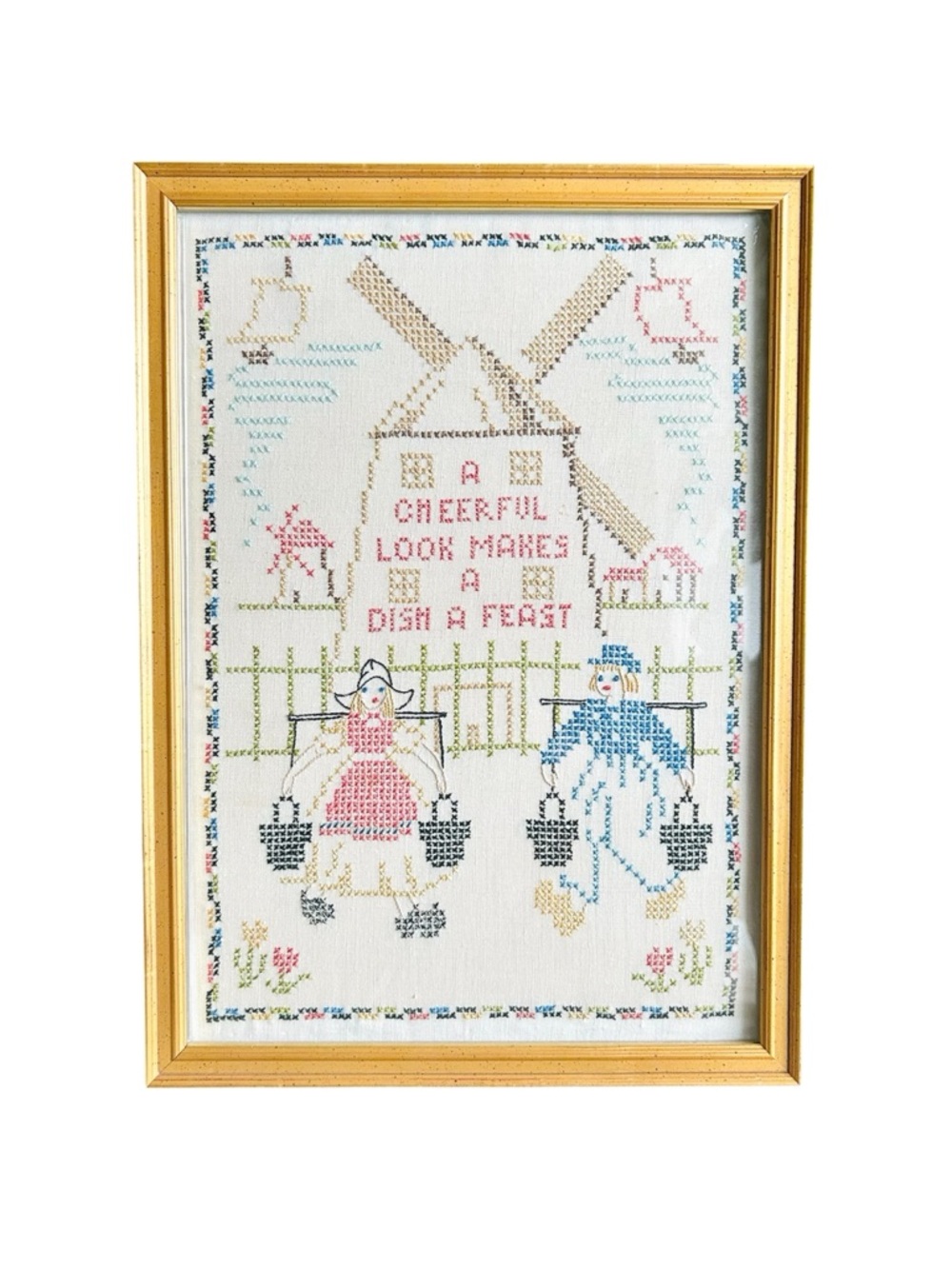 Vintage Framed Cross Stitch Sampler Windmill “cheerful look makes dish a feast”